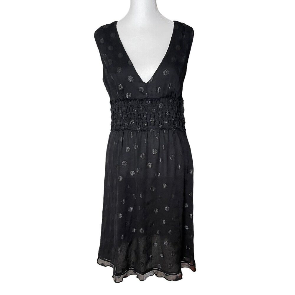 DEREK LAM US 6 Sheath Dress 100% Silk Vneck Sleeveless Black Dot Print